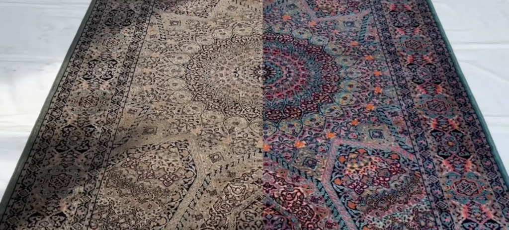 Before and after professional rug cleaning in Sydney showing deep stain and dirt removal